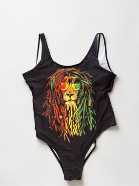 One-Piece Swimsuit with Rasta Lion Print, Size XL